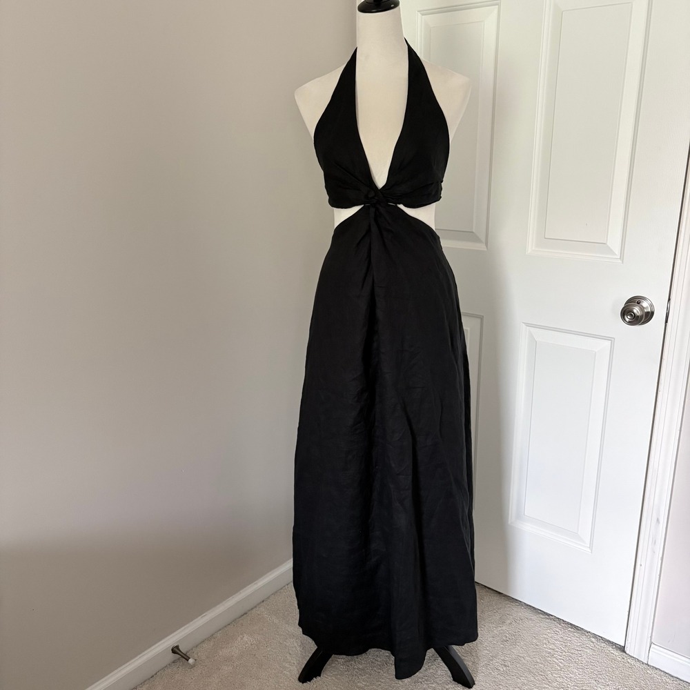 Banana Republic Lisa Midi Dress 100% Linen Small Black Halter Cutout Twist Front - Picture 2 of 15